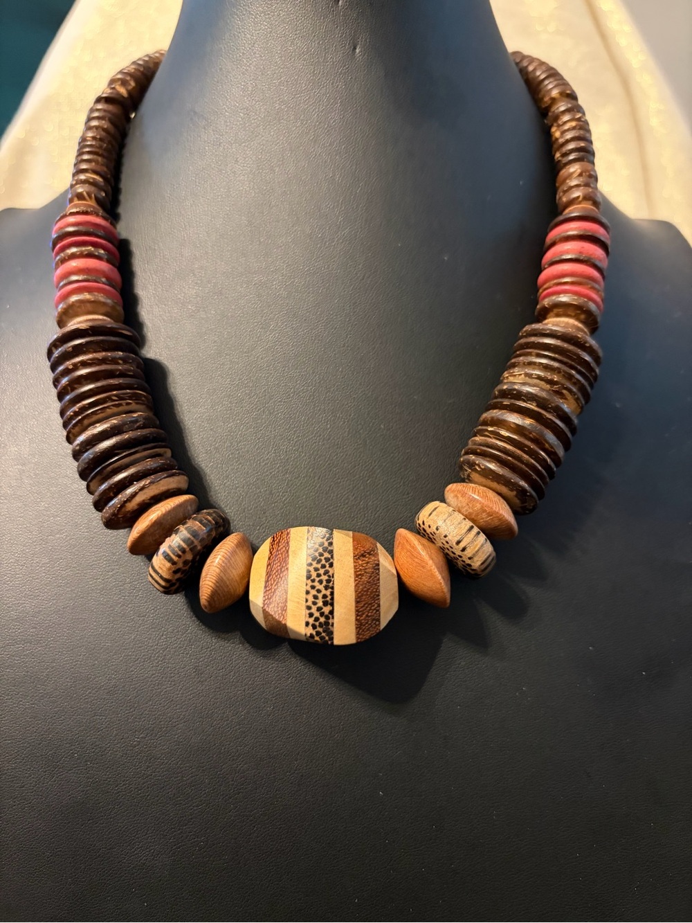 Vintage Brown and Red Wood Bead Necklace - Natural Boho Style